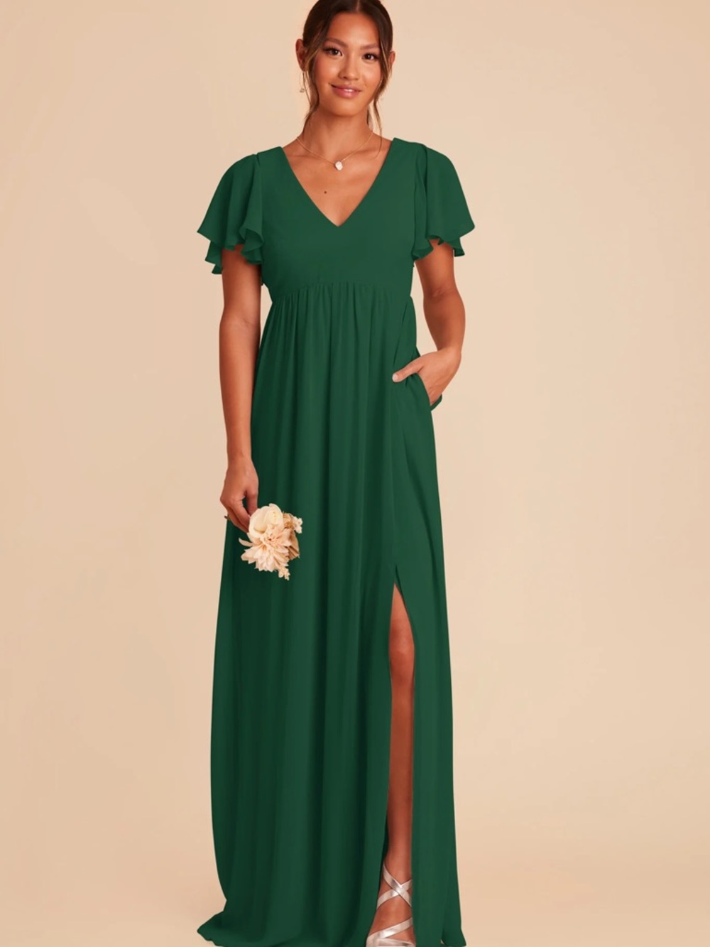 Birdy Grey Emerald Green Maxi Dress with Flutter Sleeves